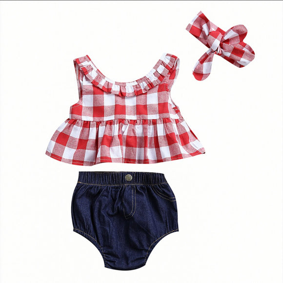 Summer Red Plaid Denim Set